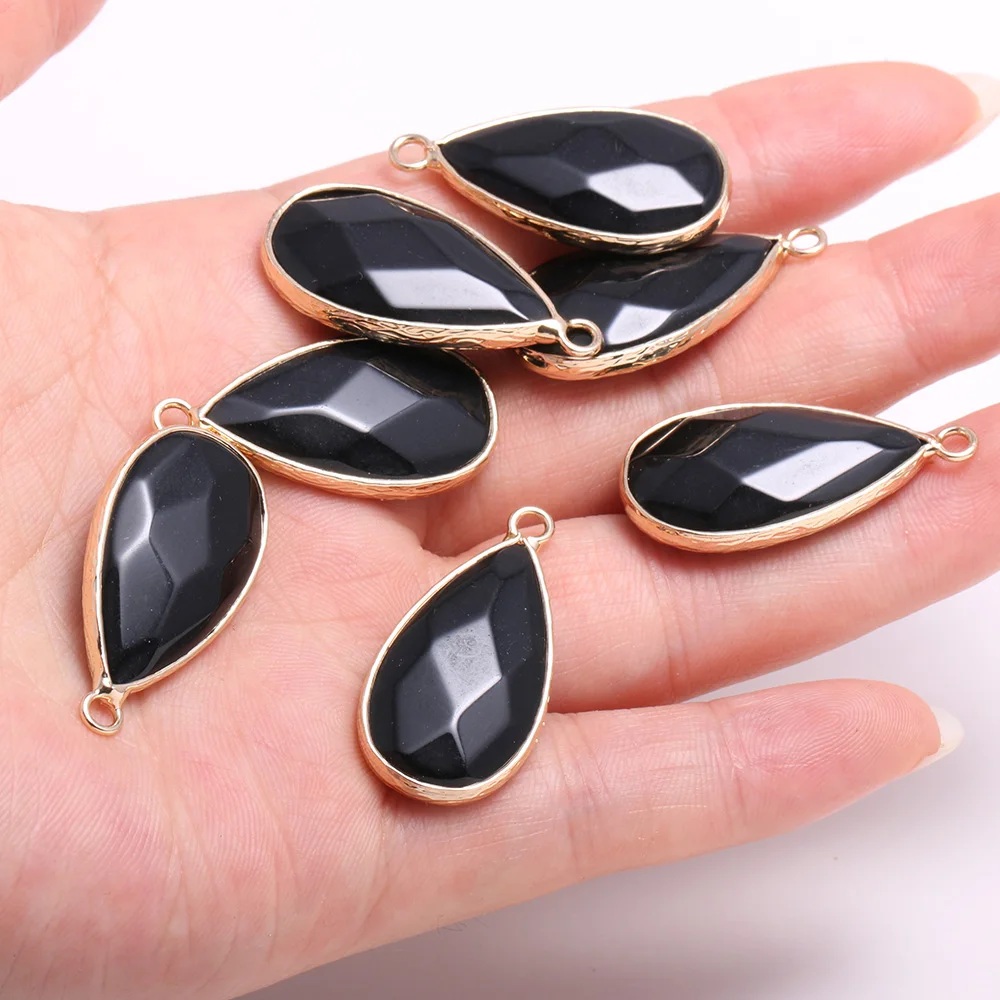 

2pcs Natural Stone Water Drop Shape Faceted Black Agates Pendant for Necklace Earring Jewelry Making For Women Size 16x30mm