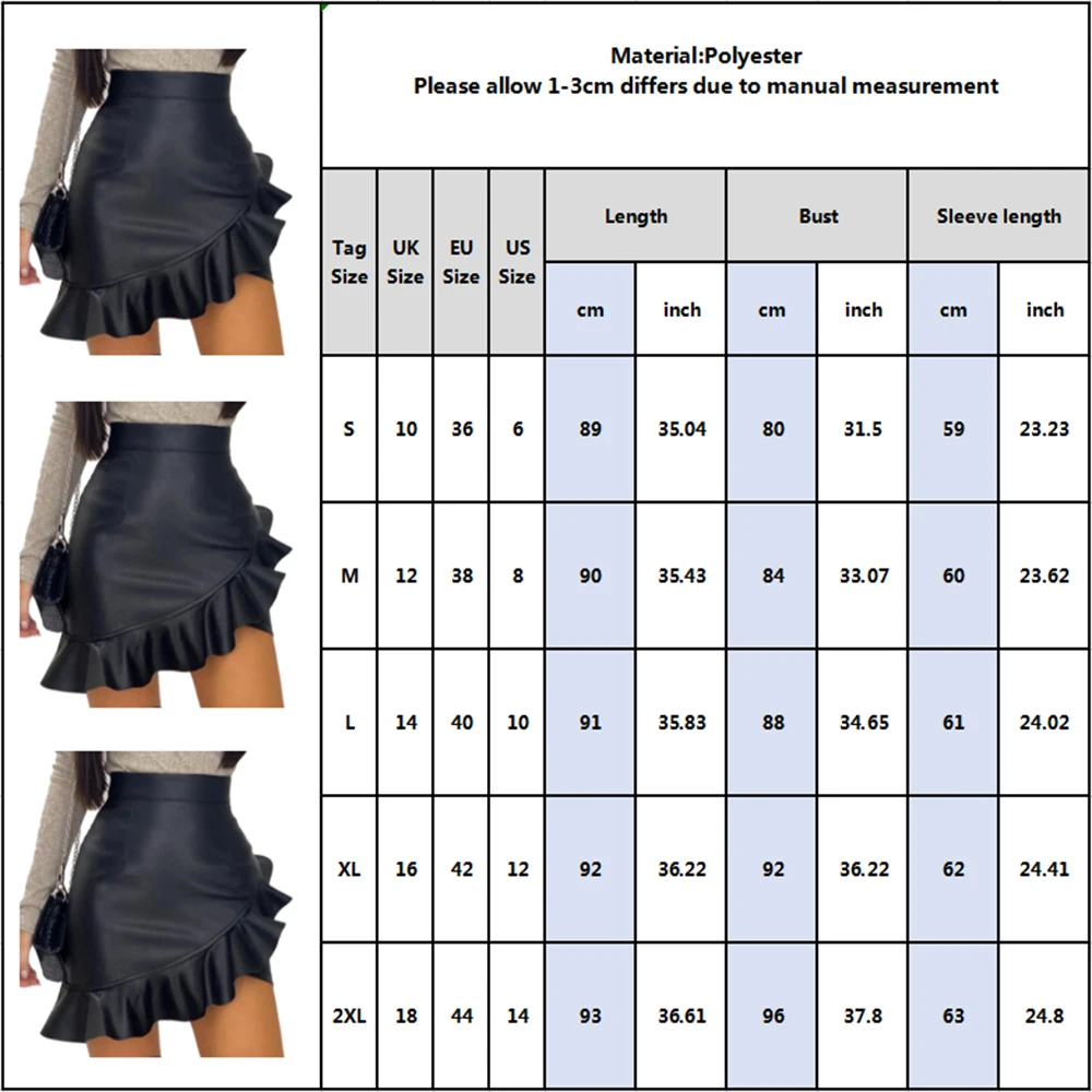 

Sexy Leather Pu Skirt For Ladies Black Ruffle Asymmetric Women Mini Skirt High Waist Flare Fashion Office Female Skirt D25