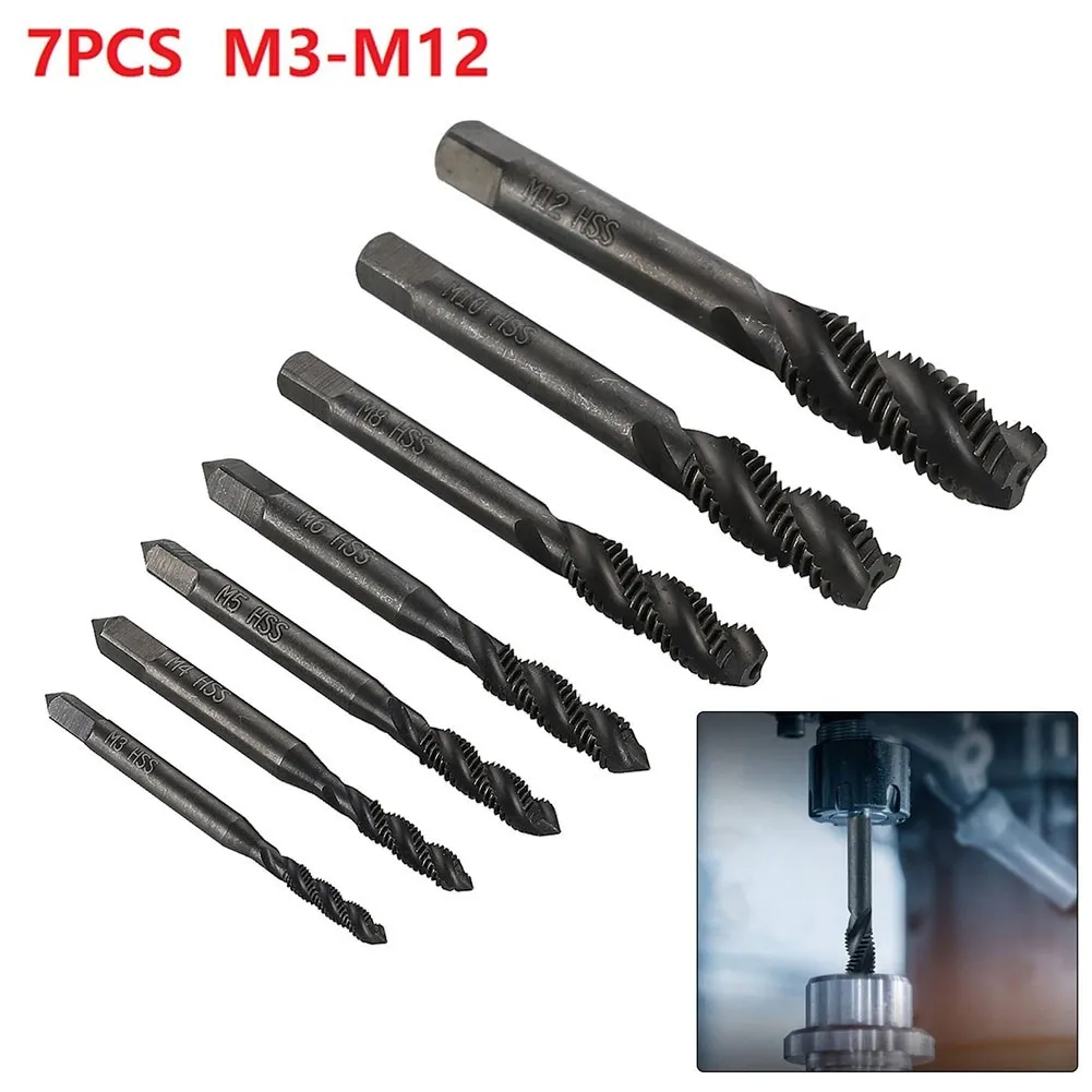 

7PCS HSS M3 M4 M5 M6 M8 M10 M12 Machine Screw Thread Spiral Groove Hand Thread Tap Metric Plug Tap Drill Set