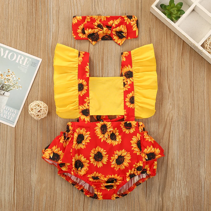 Одежда для новорожденных девочек принтом в виде цветов подсолнуха Детский
