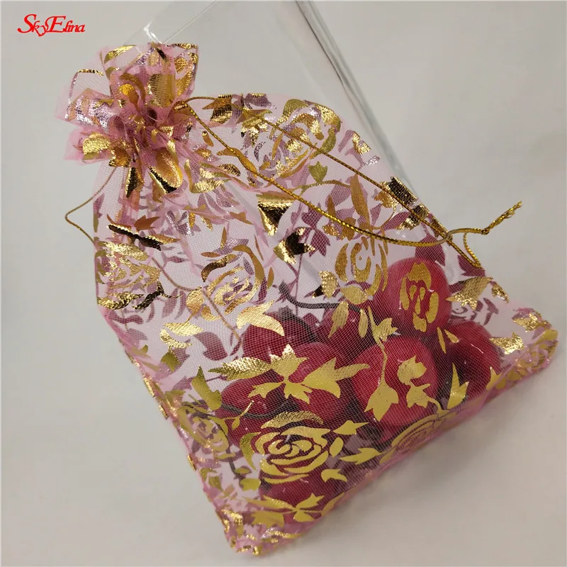 pink 50 шт., 7x9, 9x12, 11x16, 13x18, 15x20, 20x30 см, позолоченные розы из органзы, ювелирные изделия, сумки для свадебной вечеринки, украшения, сувениры, сумки для подарков 5Z - Цвет: pink