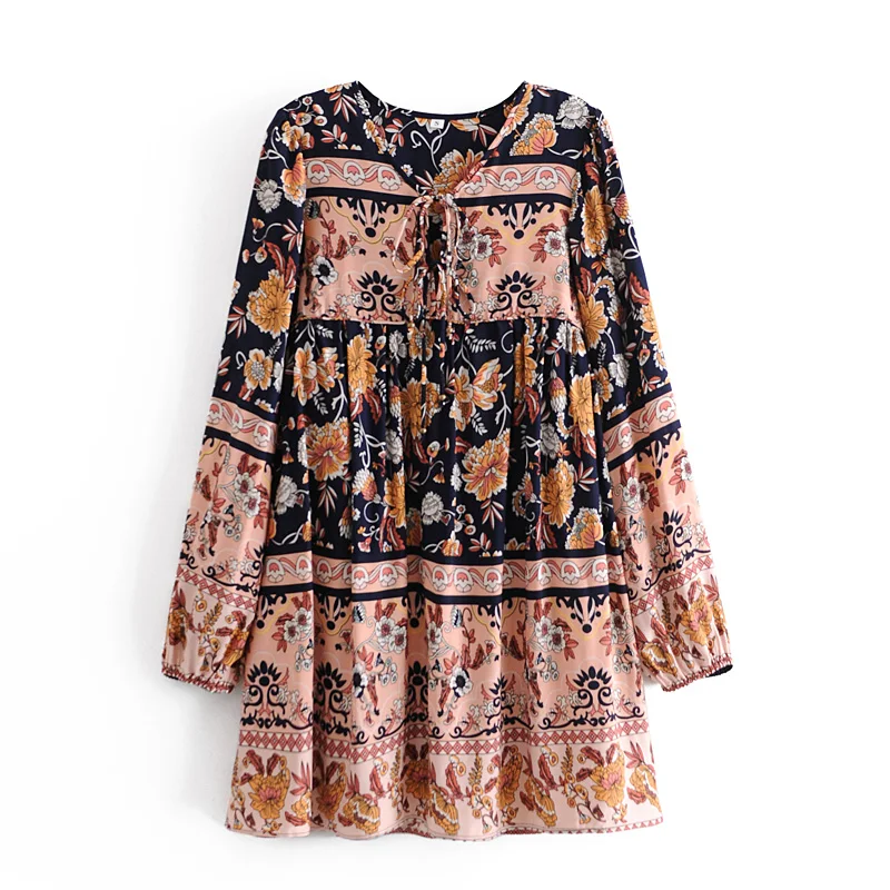 

European and American women's fashion retro flower positioning floral fringe with long sleeves skirt loose beach vacation style