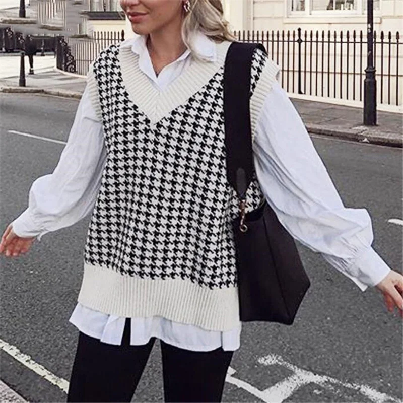 

Houndstooth Trui Vest Off Shoulder Trui Uitloper Mouwloze Oversized Gebreide Top Winter Casual Vrouwen Trui Jumper