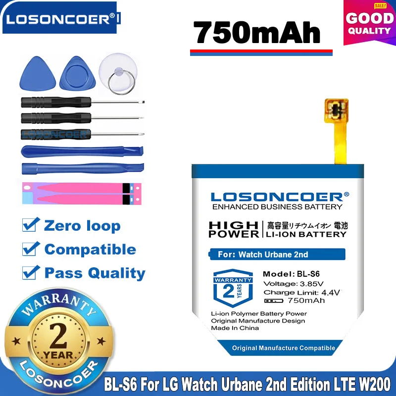 100% Оригинальный LOSONCOER 750 мА/ч BL S6 Батарея для LG Watch Urbane 2nd Edition LTE W200 Замена батареи