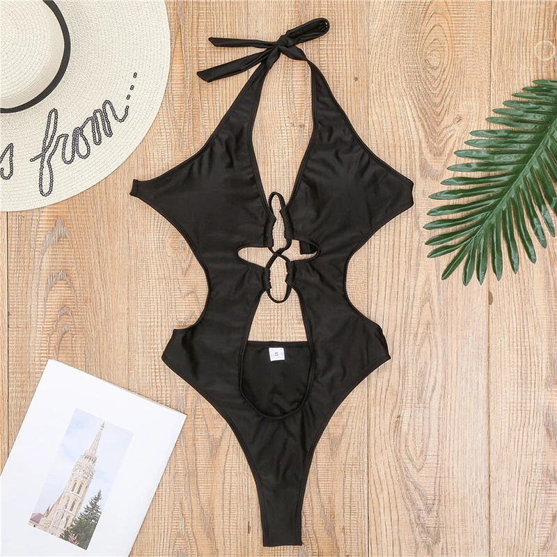 

Hollow Out Bikini Mujer 2020 Bandage Solid Swimwear Women Sexy Backless Swimsuit Summer One Piece Bathing Beach Suit Biquini New