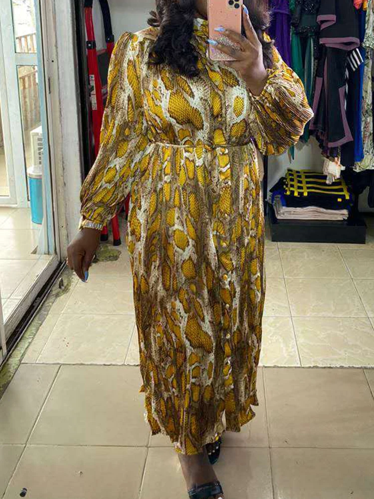 

Free shipping Casual 3D printing women's satin pleated long dress 2020women's autumn long-sleeved metal belt plus size dress Bin