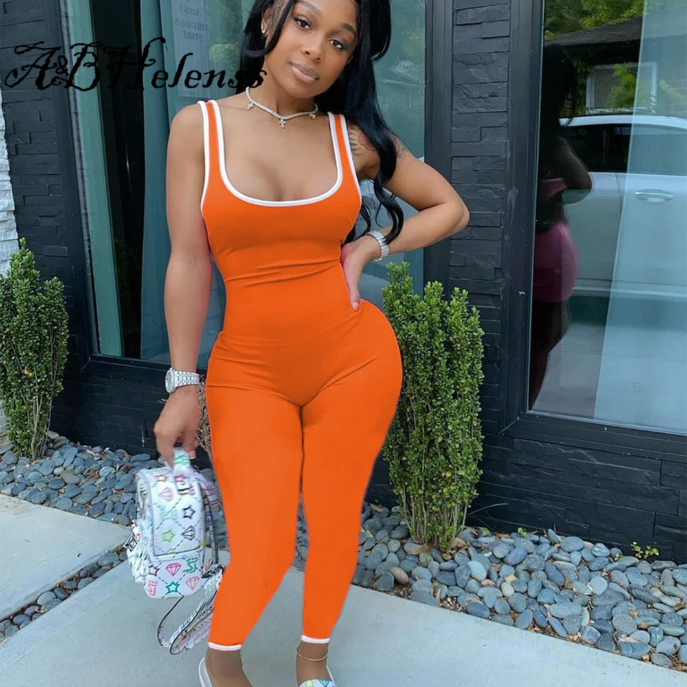 

A&BHelenss Low Neck Sleeveless Bodycon Overall Activewear Stretchy Slim Bodysuit Neon Color Skinny Rompers Womens Jumpsuit