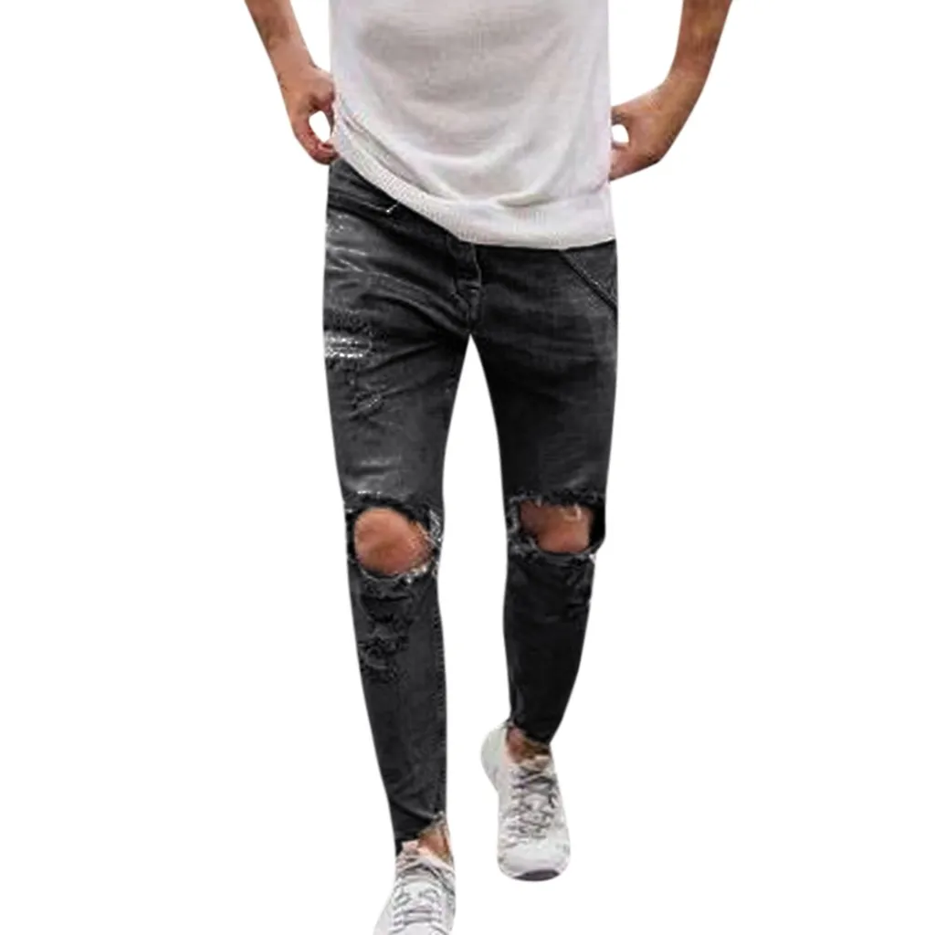 Мужские серые джинсы Узкие рваные Стрейчевые зауженные брюки в стиле хоп-хоп с