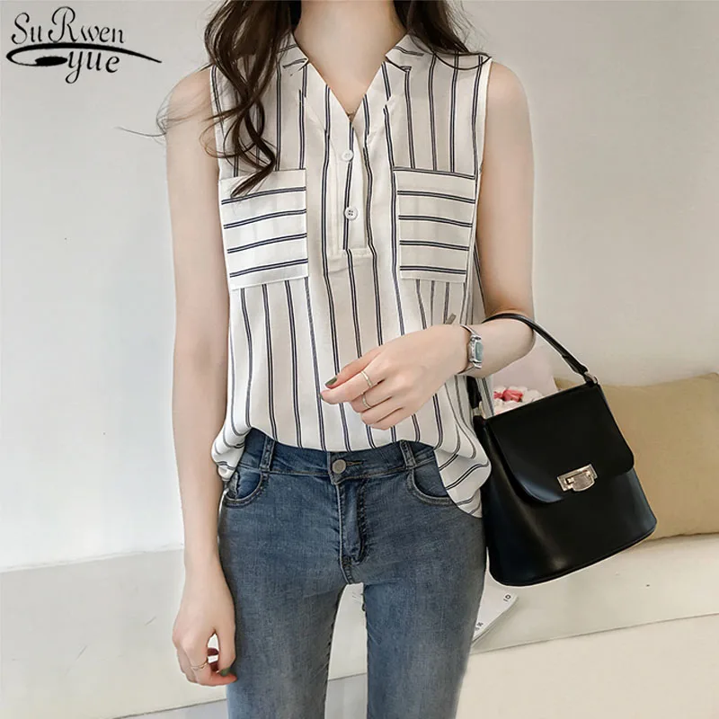 

2022 Female Summer New Loose Size Outside Wearing Vest Women Fashion Sleeveless Chiffon Blouse Pattern Striped Shirt Top 3705 50