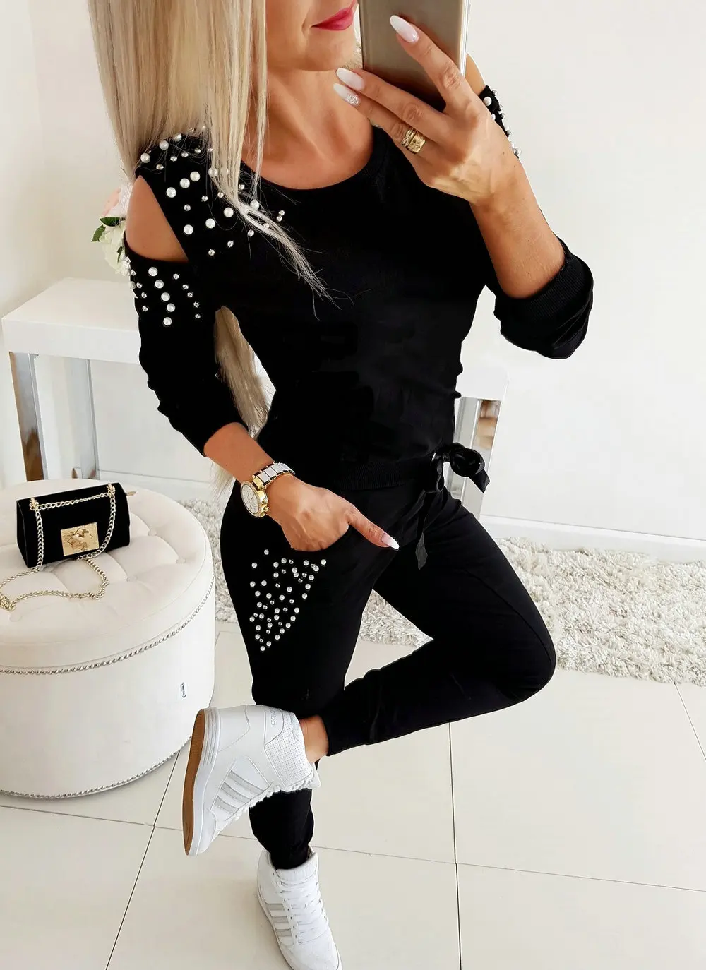 Костюм спортивный женский повседневный Длинный свитшот с открытыми плечами и