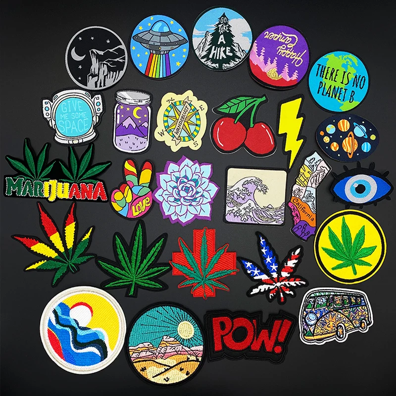 

New Cartoon Leaves Patch woven label Iron On Patches For Clothing Rainbow Stripes On Clothes DIY Garment Embroidery Fabric