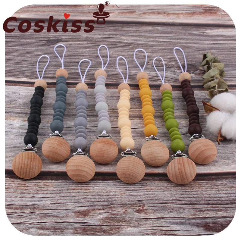 

Coskiss Food Grade Silicone Beads Pendant Beech Wooden Pacifier Without BAP Holder Chain Clip For Baby Newborn Boy Girl