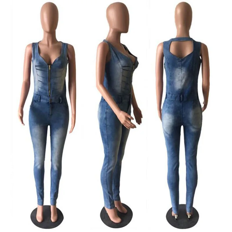 

Jumpsuits Women V-neck Sleeveless Jumpsuits Casual Skinny Pockets New Style Sexy Club Denim Jumpsuits Plus Size