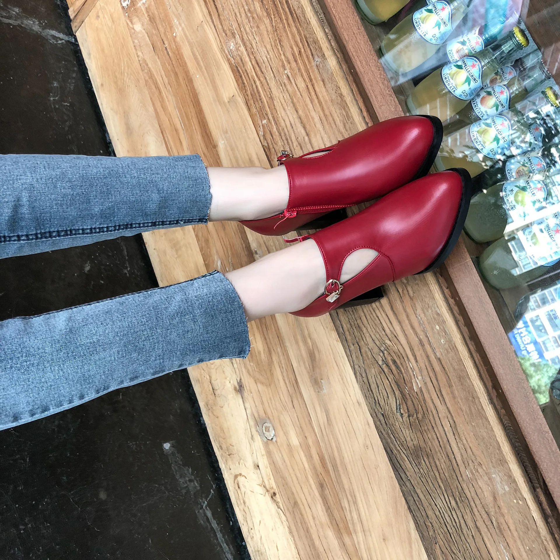 

Women Shoes Spring Winter PU Leather Pointed Toe 8cm Thick High Heel Solid Mom Shoes Zipper Wedding Female Pumps Boots Plus Size