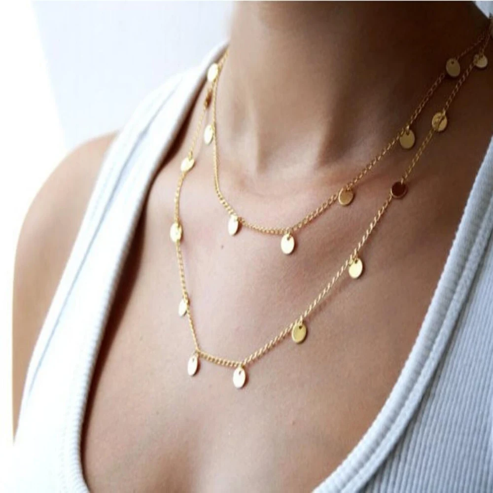 

Fashion Double Layer Coin Necklace Bohemia Round Sequins Choker Necklace Pendant On Neck Chain Jewelry XL265