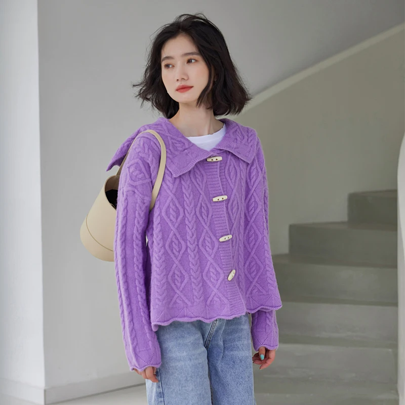 

Women Cardigan 2021 Fashion Buttons Retro Twist White Purple Long Sleeve Sweater Autumn Winter Knitted Loose Jumper Casual