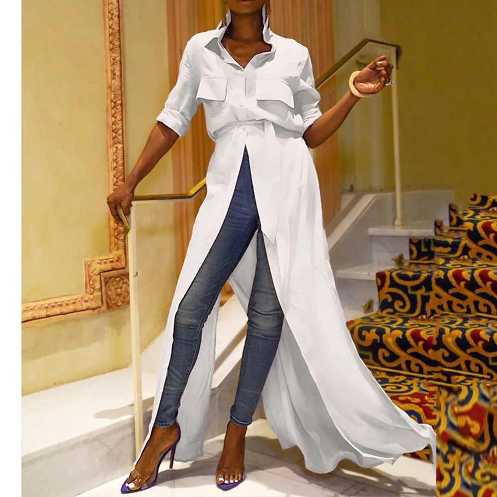 Белая Длинная женская блузка на шнуровке с отложным воротником в африканском