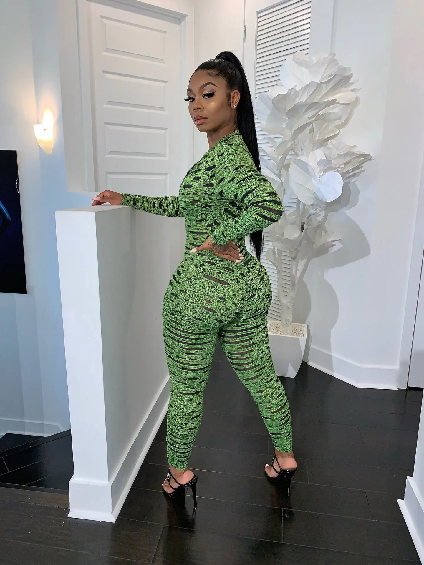 Женский Облегающий комбинезон OMSJ осенне-зимний с длинным рукавом и принтом