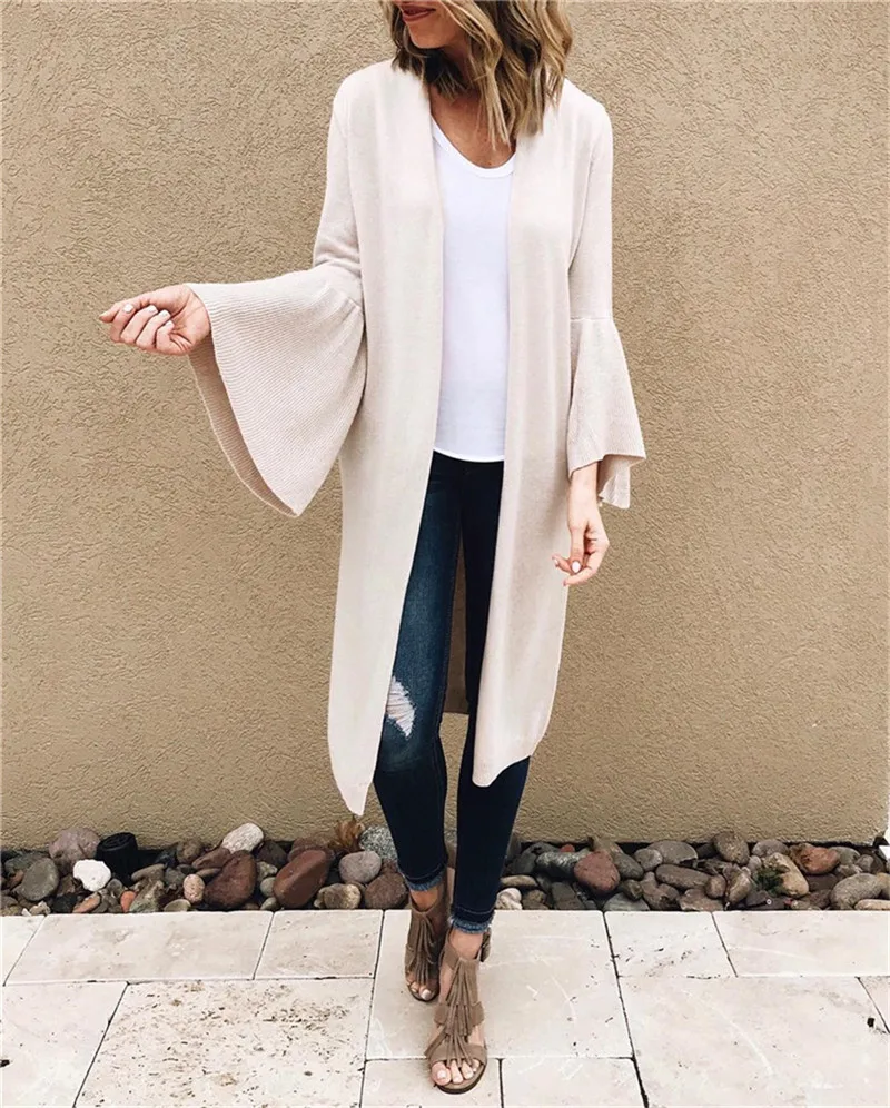 The New Hot Sales Concise Streetwear/Casual/Office Lady Flare Full Sleeve Solid Color V-Neck Medium Long Cardigan Womens Sweater |