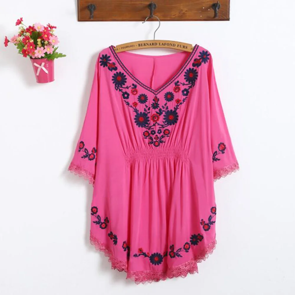 Черные мексиканские блузки женская рубашка с цветочной вышивкой Мешковатые