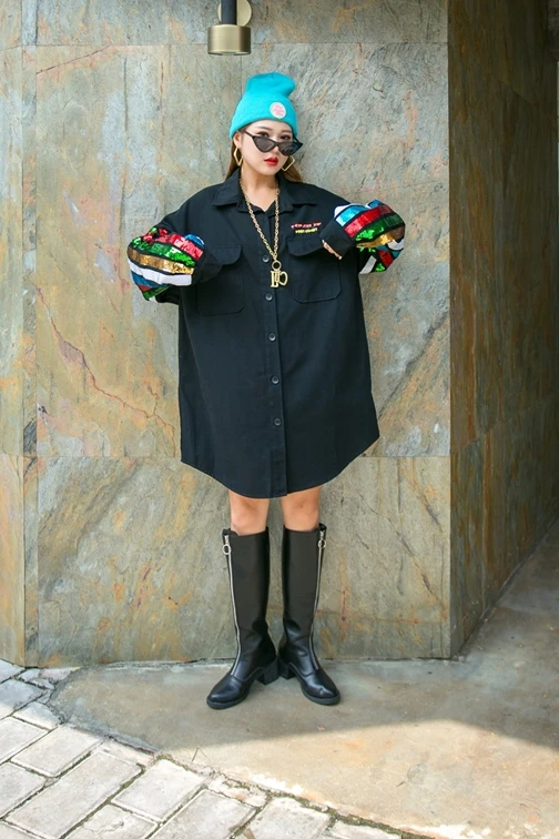 

European station tide brand sequin stripe stitching long-sleeved shirt women's mid-length loose denim jacket autumn