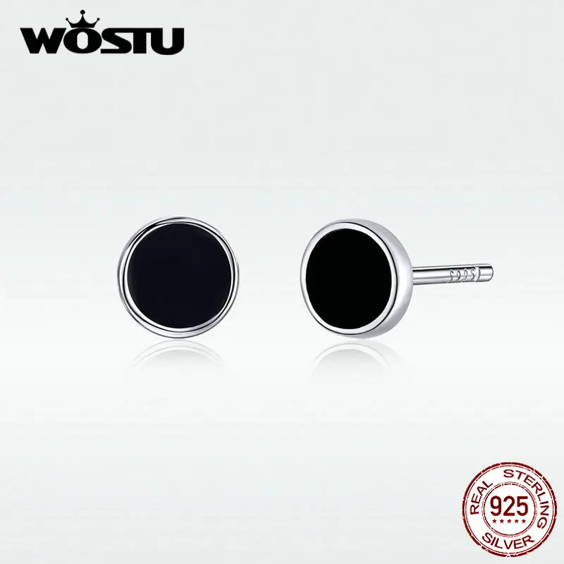 WOSTU Настоящее серебро 925 пробы Стильные черные круглые серьги гвоздики для женщин