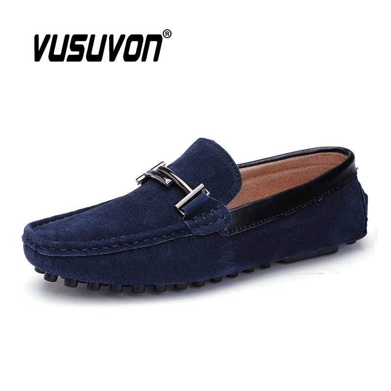 

Loafers Men Slip On Genuine Leather Driving Shoes Outdoor Casual Boat Shoes Fashion Metal Decor Blue Soft Moccasin for Men