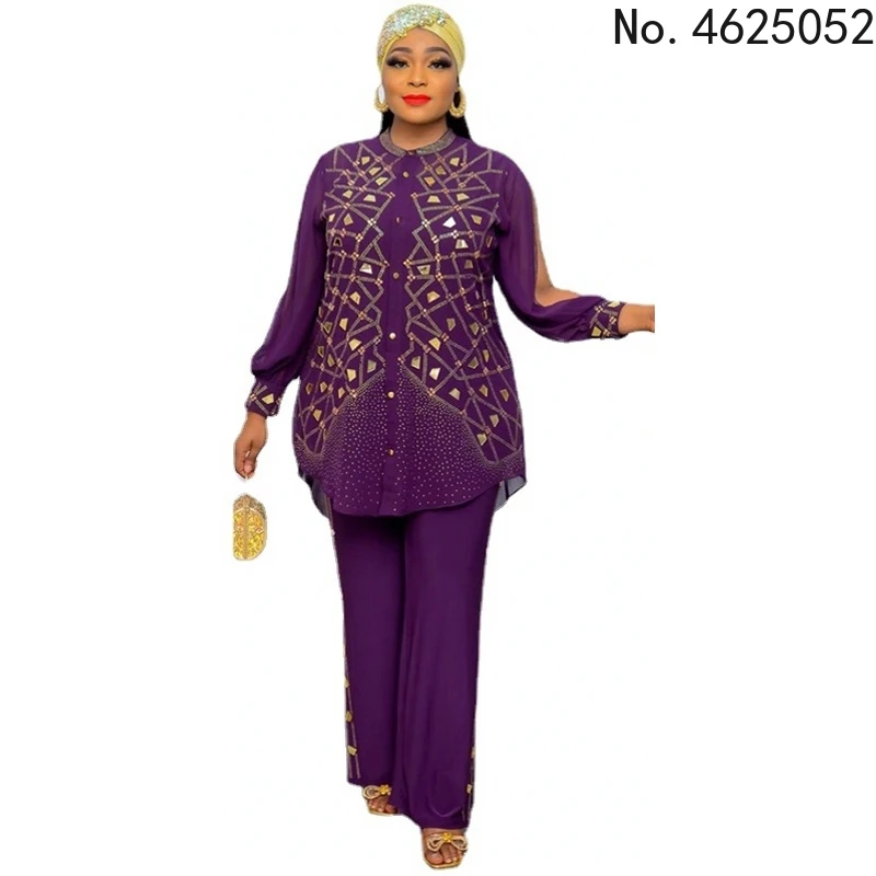 

Африканская одежда для женщин, комплект из 2 предметов большого размера 2021, традиционный Дашики, бисерный халат, шифоновые топы и брюки, кост...