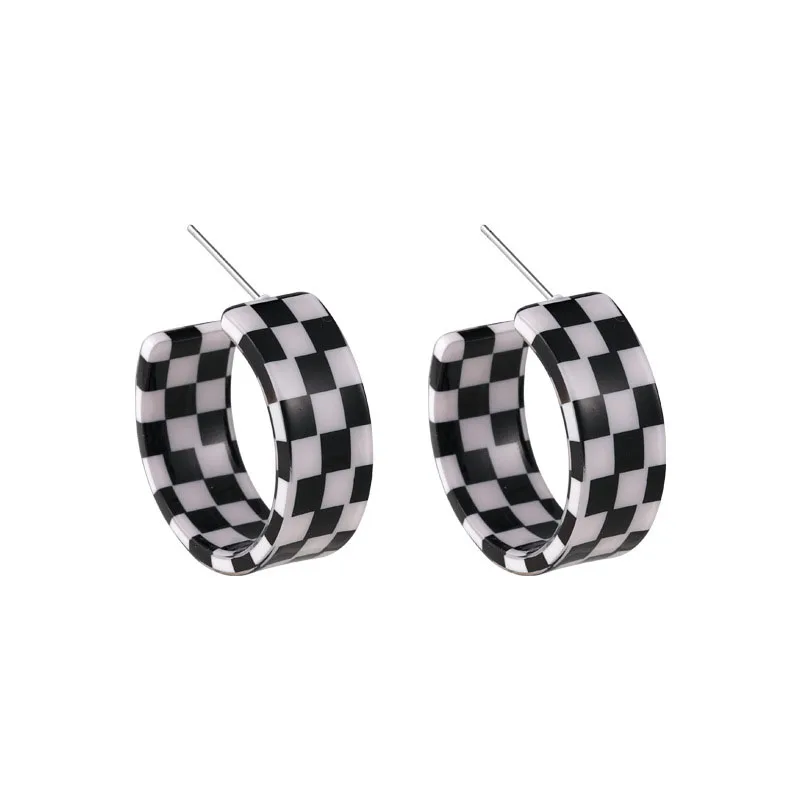 Vintage Fashion Acrylic Colorful Checkerboard Pattern Hoop Earrings Acetate Geometric C-Shaped For Women 2021 Jewelry | Украшения и