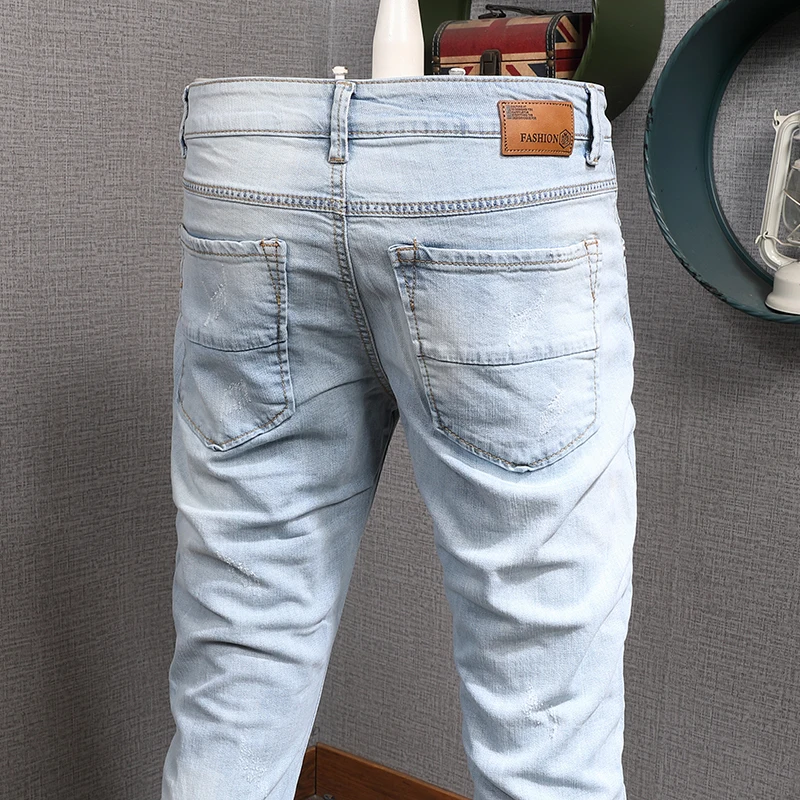 Summer Men Light Blue Ripped Jeans Men Streetwear Casual Slim Fit Denim Pants Cotton Trousers