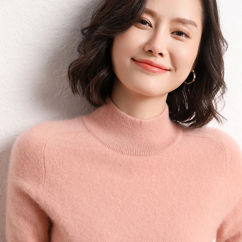 

Hot Sale Women Sweater 100% Pure Cashmere Knitted Pullovers New Half High Collar Fashion Tops Knitwear Female Loose Jumper