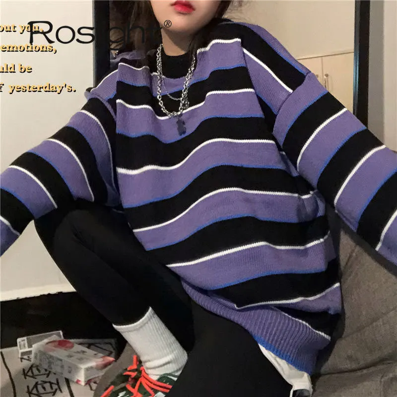 

Striped Sweater Women Pullovers O-neck Oversize Knitted Sweaters Trendy Harajuku College Leisure Streetwear Korean Tops Pullover