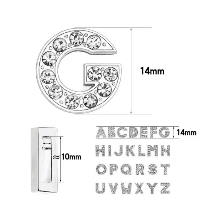 

20PCS/lot Hole 10MM DIY Full Rhinestones Bling Slide Letters A - Z Alloy English Alphabet Fit For Keychains & Bracelet