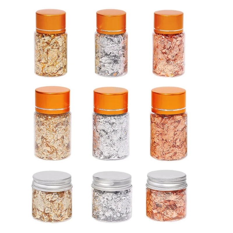 

Gold Foil Flakes 10g x 3 Bottles Imitation Gold Leaf Flakes Metallic Foil Flakes Gold, Silver, Copper Color for Nail Art G99E