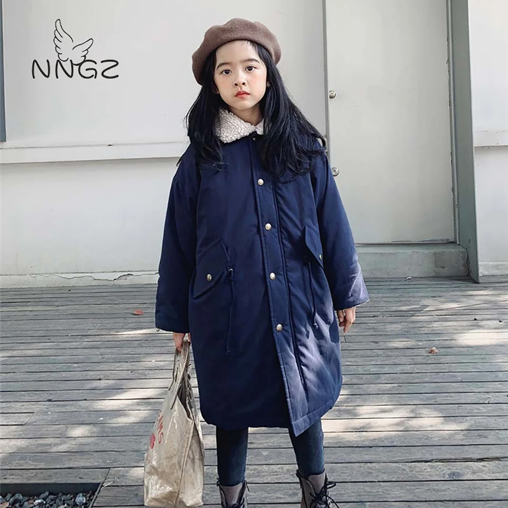 Зимнее длинное пальто для девочек утепленное хлопковое шерстяное детей куртка