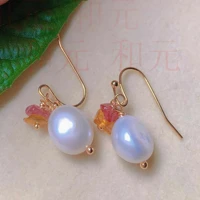 natural white round fresh water pearl yellow block jade gold earrings holiday gifts gift women aquaculture carnival thanksgiving