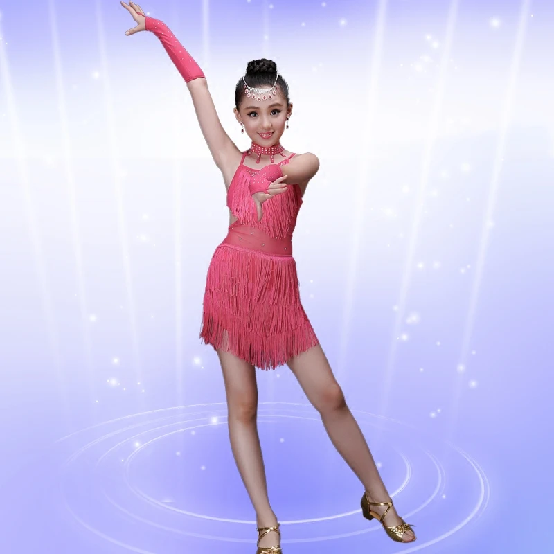 Дети сальса платья с блестками для латинских платье танцев девочек бахромой
