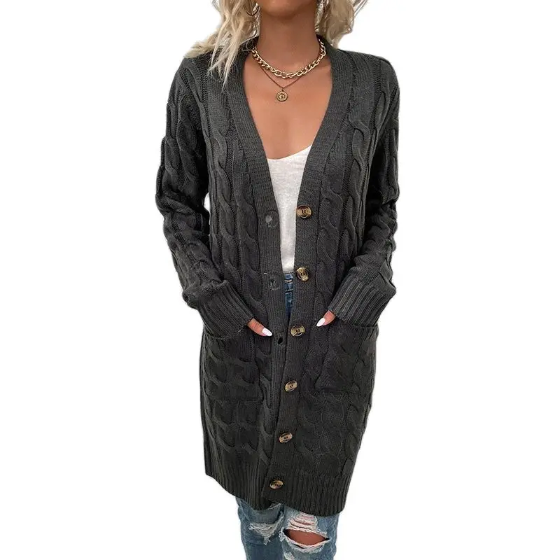 

Women's European and American Knitwear Fall/Winter 2021 Long Twist Sweater Women's New Button Plush Cardigan