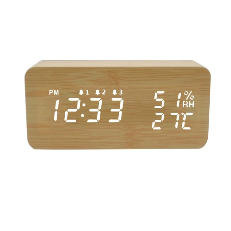 LED Wooden Temperature and Humidity Alarm Clock Table Voice Control Digital Wood Electronic Desktop Clocks Decor | Дом и сад