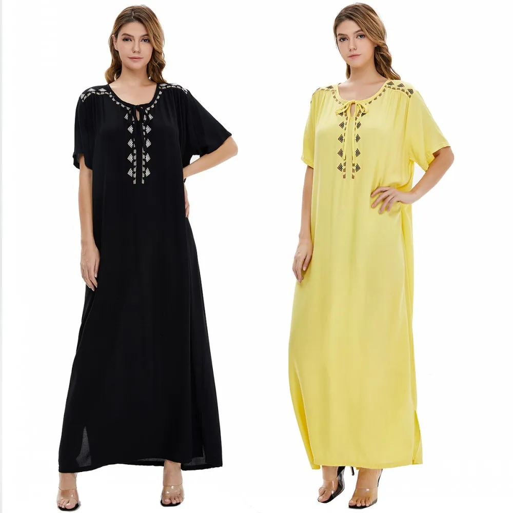

Muslim Ladies Big Swing Long Skirt M-2XL Loose Middle East Short Sleeve DressSpring And Autumn 2021 New Leisure Dubai Abaya