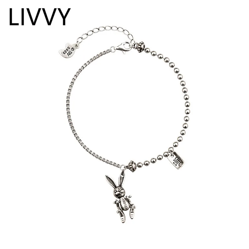 

LIVVY Creative Cute Rabbit Pendant Bracelet Hand Jewelry for Women Thai Silver Color Vintage Party Accessorie Gift