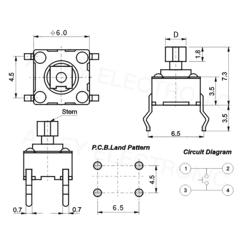 TS-D005 Key High life copper pin 4 tap switch connector 6 * 7.3 Square Head 2.4 | Switches