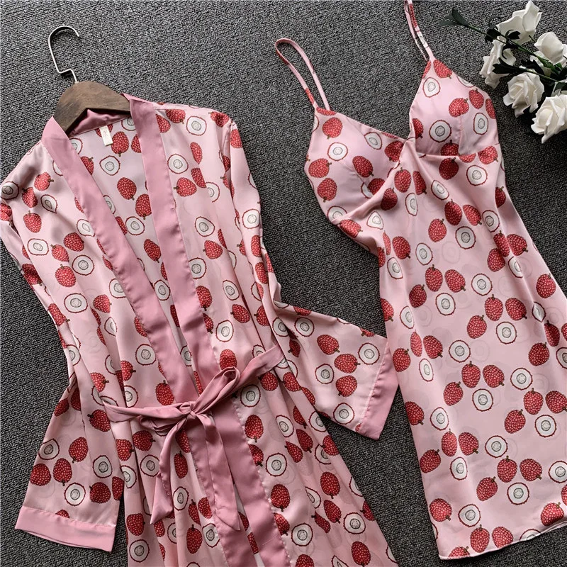 

Women Satin Sleepwear Sexy Silk Robe Gown Set Sleep Lounge Indoor Clothing Ladies Flower Print Nightwear Nightdress Chest Pads