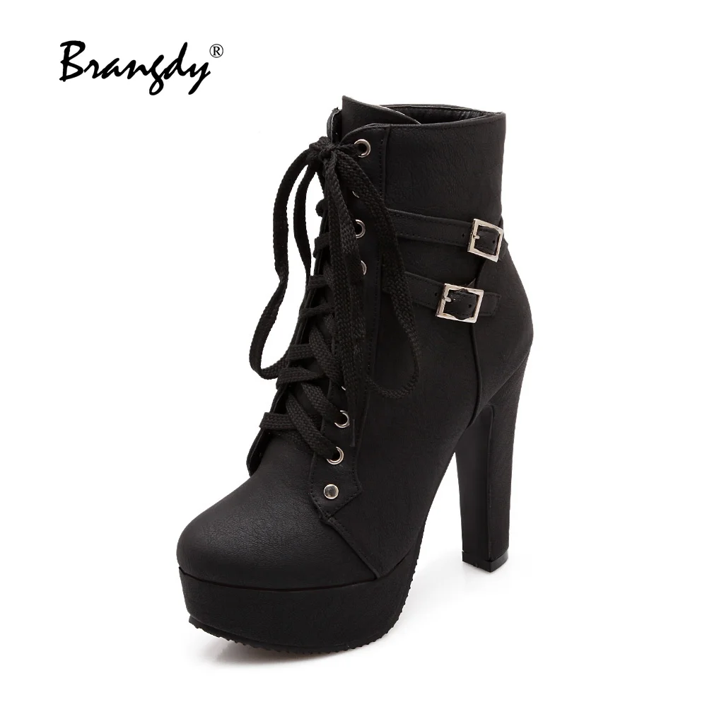 

Brangdy Woman Lace Autumn Boots Womens Ladies Chunky High heel Platform Black Sexy Zipper Ankle Boots Punk Goth shoes