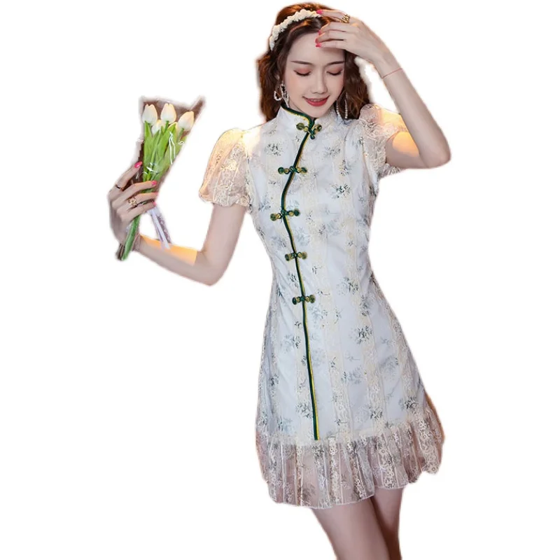 

COIGARSAM Cheongsam Lace Women One-Piece Casual Dress Korean New Summer Short Sleeve Dresses 9130