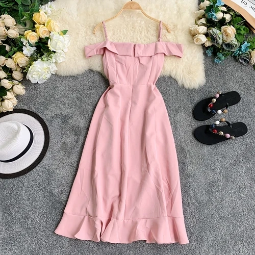 pink Neploe сплошная шикарная Женская одежда лето Новинка v-образный вырез без рукавов топики Vestidos неровные оборки тонкая талия женские платья 44498 - Цвет: pink