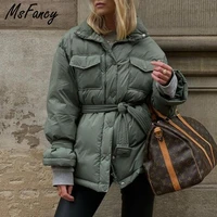 msfancy green quilted coat women winter fashion stand collar tunic bandage jacket mujer 2021 vintage pockets warm parkas outwear