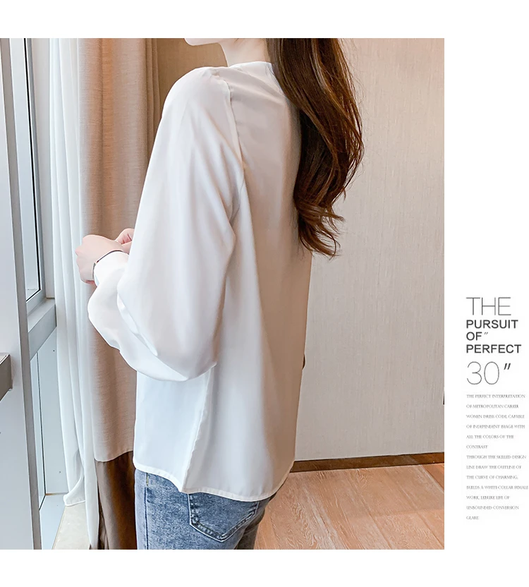 

Houthion Women's Blouse Chiffon Top Long Sleeve V-neck Shirt Solid Color Ship Immediately Korean Casual Fashion New 2021