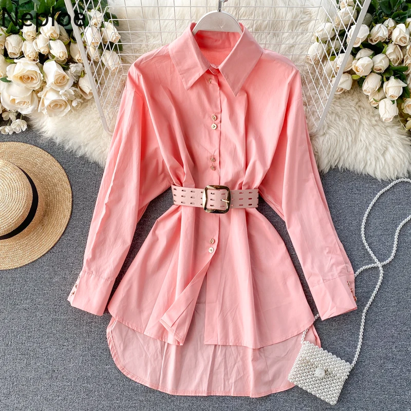 Однотонная женская рубашка с поясом весна 2020 Повседневная однобортная блузка