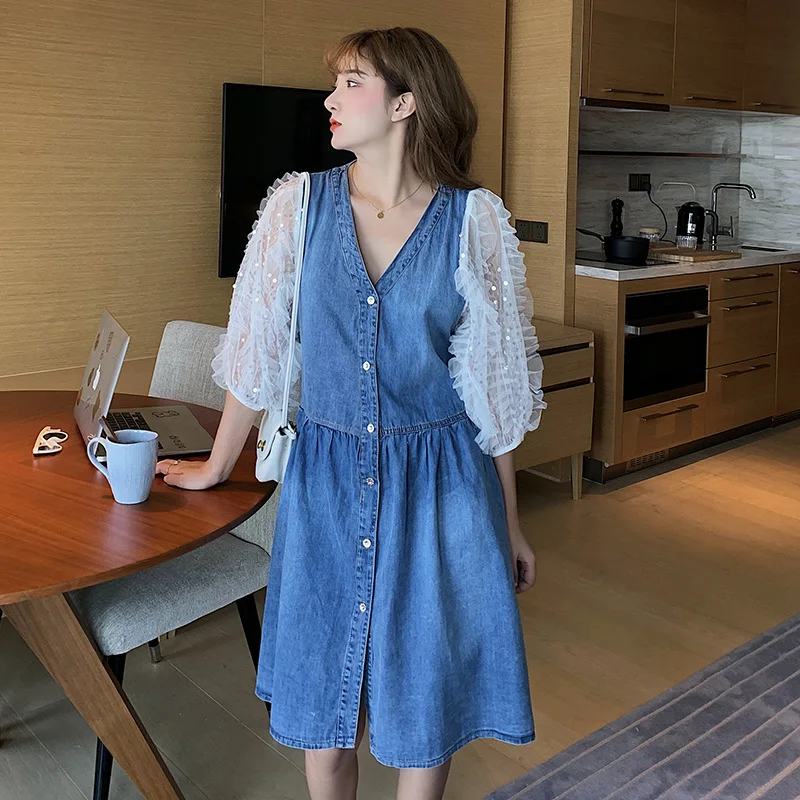 

Женское джинсовое платье с рукавами-фонариками, свободного покроя